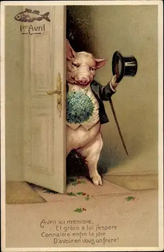 Präge Ak 1er Avril, 1. April, Vermenschlichtes Schwein mit Blumenstrauß und Zylinder