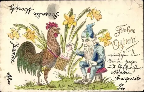 Präge Ak Glückwunsch Ostern, Hahn mit Korb voller Ostereier, Zwerg, Narzissen