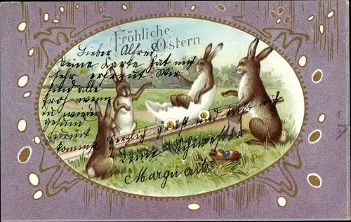 Passepartout Präge Ak Glückwunsch Ostern, Osterhasen mit Eierschale, Ostereier