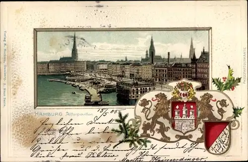 Präge Wappen Passepartout Litho Hamburg Mitte Altstadt, Blick auf den Alsterpavillon