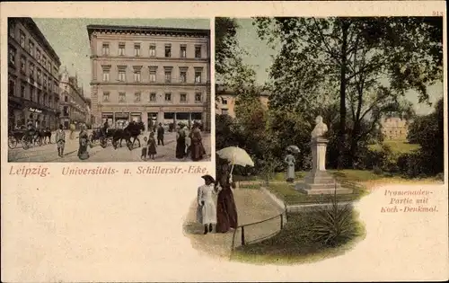 Ak Leipzig in Sachsen, Universitätsstraße Ecke Schillerstraße, Promenaden Partie mit Koch-Denkmal