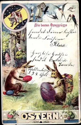 Ak Glückwunsch Ostern, Osterhasen bemalen Eier, Zwerge, Schwalben, Stier, Frösche