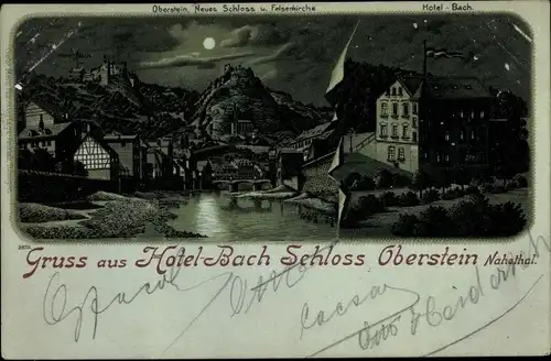 Mondschein Litho Idar Oberstein an der Nahe, Hotel Bach, Schloss, Felsenkirche