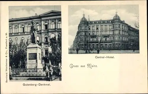 Ak Mainz am Rhein, Central Hotel, Gutenberg Denkmal