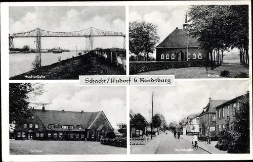 Ak Schacht Audorf in Schleswig Holstein, Hochbrücke, Kirche, Schule, Dorfstraße