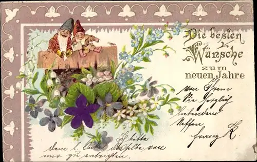 Präge Litho Glückwunsch Neujahr, Zwerge, Blumen