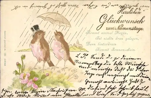 Ak Herzlichen Glückwunsch zum Namenstage, Vögel im Regen, Vers