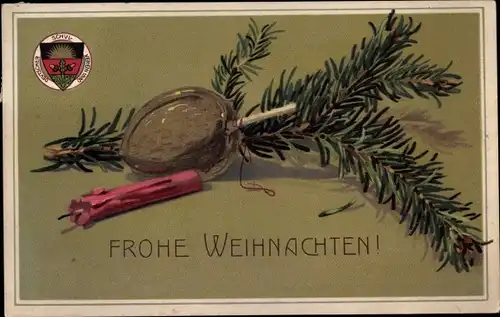 Ak Glückwunsch Frohe Weihnachten, Nuss, Kerze, Tannenzweig, Wappen Deutscher Schulverein, Nr. 73