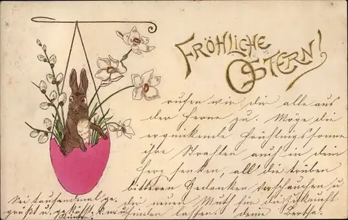 Präge Litho Glückwunsch Fröhliche Ostern, Osterhase in Eierschaukel mit Weidenkätzchen