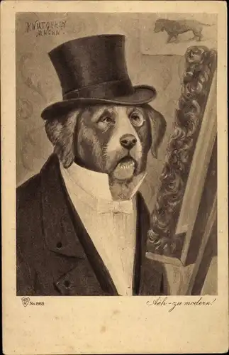 Künstler Ak Knutgeren, München,  Ach zu modern, Nr. 868, vermenschlichter Hund mit Zylinder