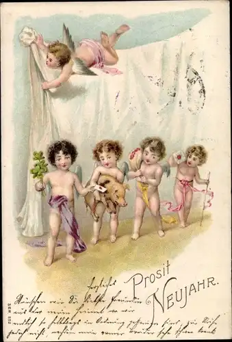 Ak Glückwunsch Prosit Neujahr, fünf Engel, Schwein, Klee
