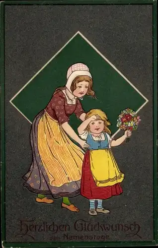 Künstler Ak Glückwunsch zum Namenstage, Mutter mit Kind, Blumenstrauß