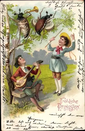 Litho Glückwunsch Fröhliche Pfingsten, musizierende vermenschlichte Maikäfer, musizierende Kinder