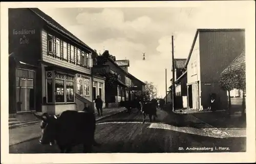 Ak Sankt Andreasberg Braunlage im Oberharz, Konditorei und Cafe, Viehtrieb, Kühe