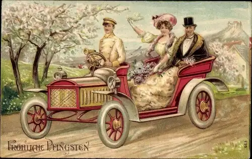 Präge Ak Glückwunsch Pfingsten, Paar im Automobil, Chauffeur