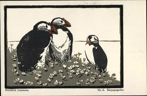 Künstler Ak Lissmann, Friedrich, Seepapageien, Puffins, Papageitaucher