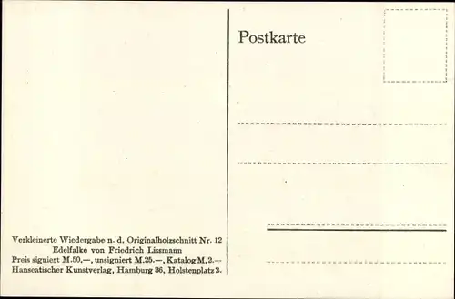 Künstler Ak Lissmann, Friedrich, Edelfalke