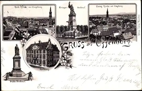 Litho Offenburg im Schwarzwald Ortenaukreis, Kath. Kirche, Kriegerdenkmal, Rathaus, Drake Denkmal