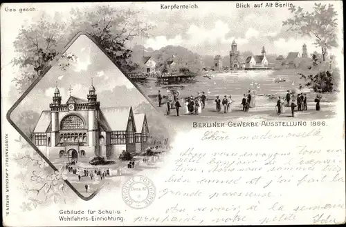 Litho Berlin Bezirk Treptow, Karpfenteich, Blick auf Alt Berlin, Berliner Gewerbeausstellung 1896