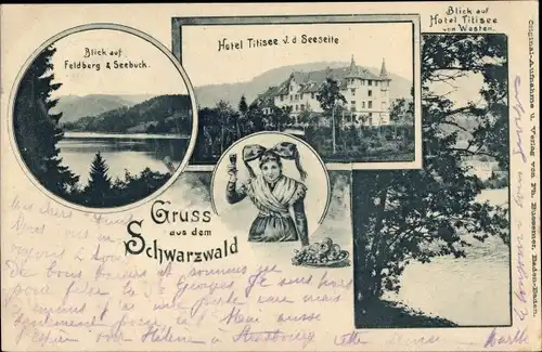 Ak Titisee Neustadt im Breisgau Hochschwarzwald, Hotel Titisee, Feldberg, Seebuck, Frau in Tracht