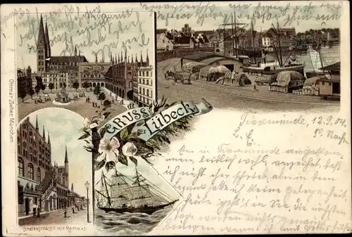 Litho Hansestadt Lübeck, Breitestraße, Rathaus, Segelschiff, Marktplatz