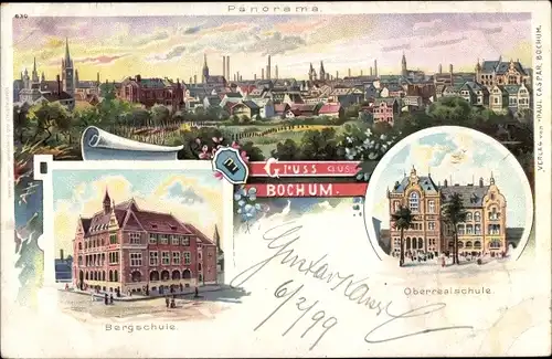 Litho Bochum im Ruhrgebiet, Bergschule, Oberrealschule, Stadtpanorama