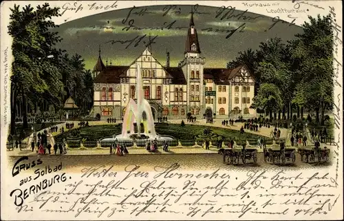 Litho Bernburg an der Saale Salzlandkreis, Kurhaus mit Leuchtfontaine