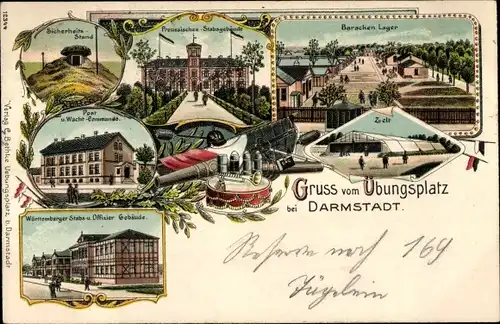 Litho Darmstadt in Hessen, Barackenlager, Preussisches Stabsgebäude, Post, Zelt, Truppenübungsplatz