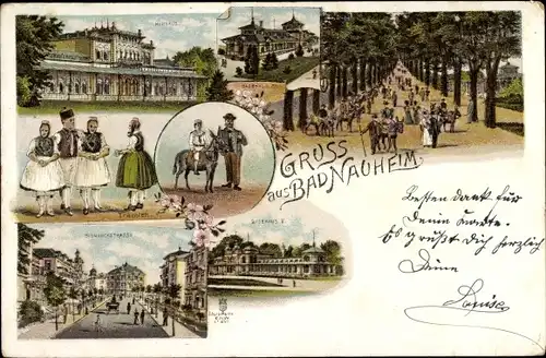 Litho Bad Nauheim in Hessen, Hessische Trachten, Kurhaus, Esel, Badehaus