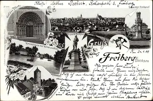 Litho Freiberg in Sachsen, Schweden Denkmal, Bismarck Denkmal, Donathsturm, Goldene Pforte