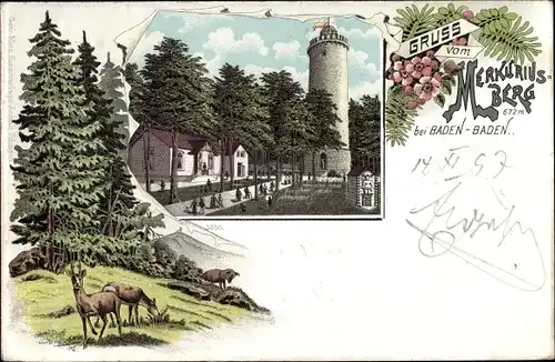 Litho Baden Baden im Stadtkreis Baden Württemberg, Merkuriusberg, Aussichtsturm, Landschaftsidylle