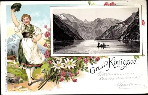 Passepartout Litho Schönau am Königssee Oberbayern, Frau in Tracht, Blick über den See