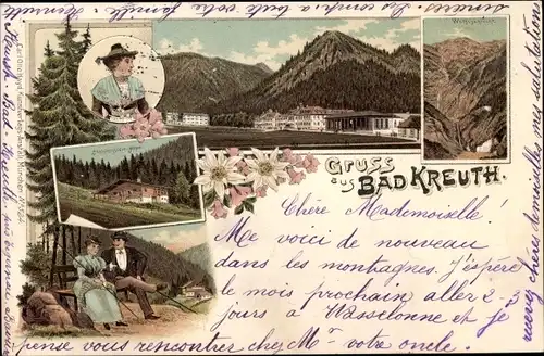 Litho Kreuth am Tegernsee Oberbayern, Panorama, Frau in Tracht, Wandersleut, Wolfsschlucht