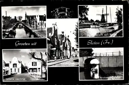 Ak Sloten Friesland Niederlande, Ortsansichten, Windmühle, Brücke, Voorstraat