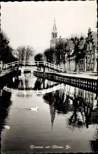 Ak Sloten Friesland Niederlande, Flusspartie, Brücke