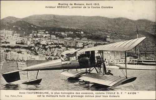 Ak Monaco, Meeting d'aviation en avril 1913, Aviateur Bréguet, premier de la Course Croisière