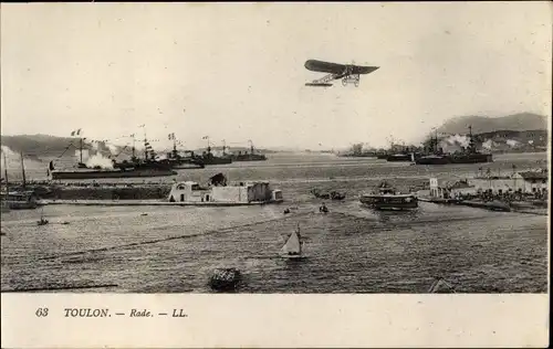 Ak Toulon Var, Rade, französische Kriegsschiffe, Flugzeug
