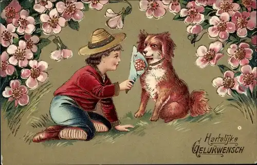 Präge Litho Glückwunsch Geburtstag, Hund und Junge, Blumen
