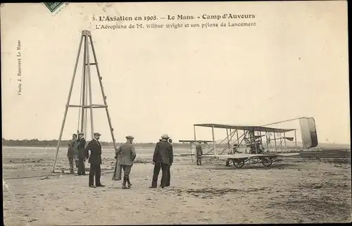 Ak L'Aviation en 1908, Le Mans, Camp d'Auvours, Aeroplane de Wilbur Wright et phylone de Lancement