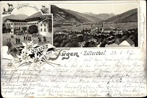 Litho Fügen im Zillertal Tirol, Gasthof zur Post, Totalansicht, Gemse, Edelweiß