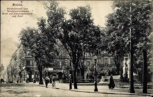 Ak Mainz am Rhein, Kaiserstraße u. Neubrunnenstraße, Kroyssigdenkmal und Dom