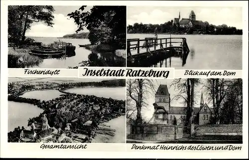 Ak Ratzeburg im Herzogtum Lauenburg, Seepartie, Dom, Gesamtansicht, Denkmal Heinrichs den Löwen