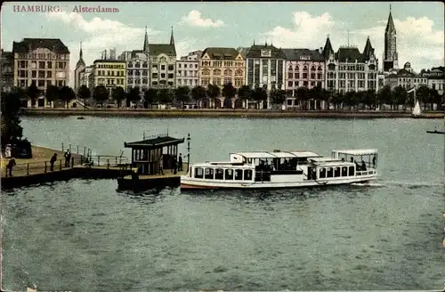 Ak Hamburg Mitte Altstadt, Alsterpartie mit Alsterdamm, Anlegestelle, Fähre