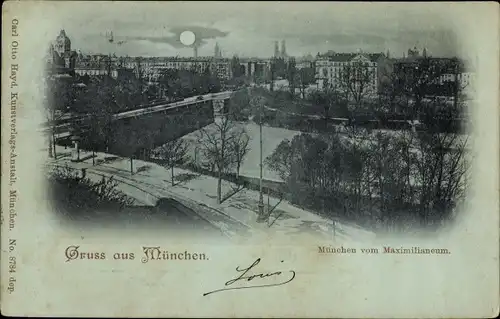 Mondschein Ak München, Blick vom Maximilianeum über die Isar