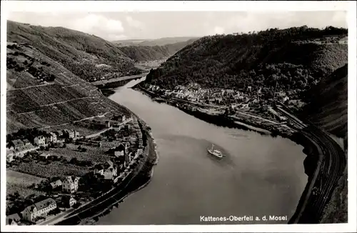 Ak Kattenes Löf an der Mosel, Oberfell, Talpanorama m. Moselpartie, Dampfer, Eisenbahngleise