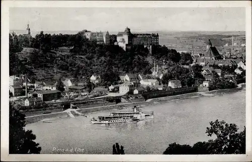 Ak Pirna in Sachsen, Teilansicht vom Ort, Schloss Sonnenstein, Elbe, Vogelschau