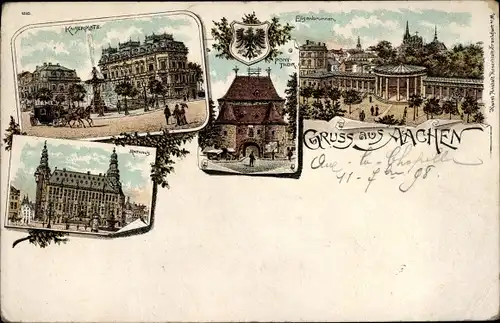 Litho Aachen in Nordrhein Westfalen, Kaiserplatz, Ponttor, Rathaus, Elisenbrunnen