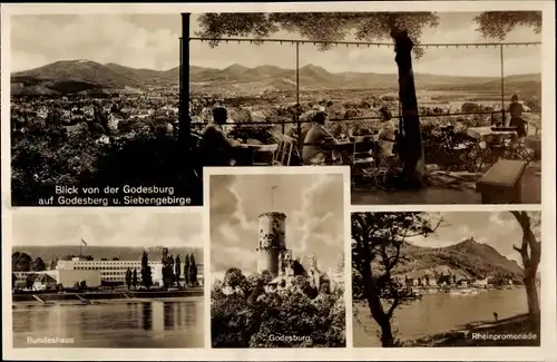 Ak Bad Godesberg Bonn am Rhein, Blick v. d. Godesburg auf den Ort, Bundeshaus, Burg, Rheinpromenade