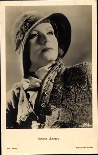 Ak Schauspielerin Greta Garbo, Portrait, Hut