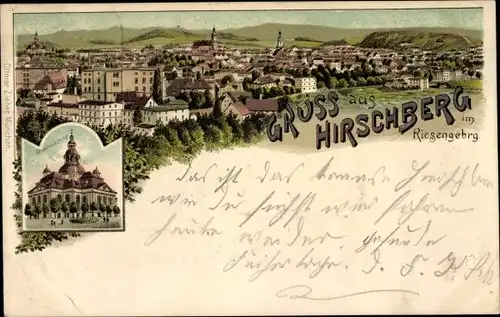 Litho Jelenia Góra Hirschberg Riesengebirge Schlesien, Blick auf den Ort